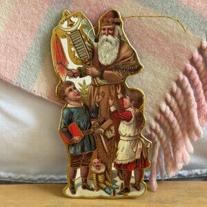 Vintage Christmas Cut Cardboard Double Sided Victorian Santa Claus Ornament